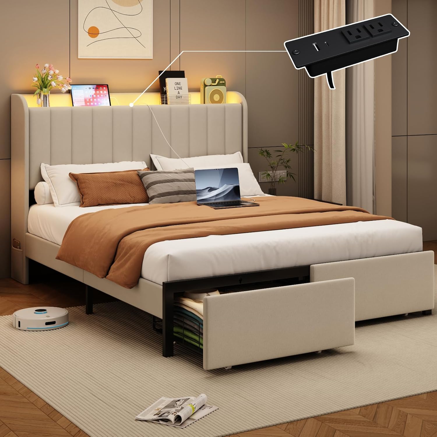Full Size Bed Frame with Storage Headboard and LED Lights