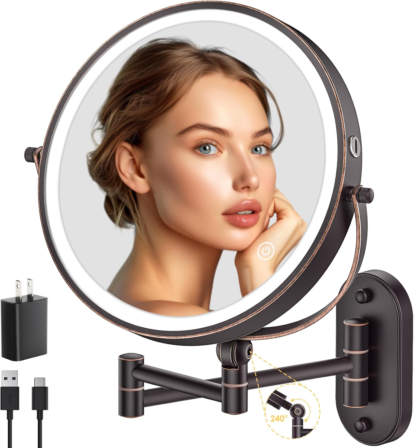 9in Wall Mounted Lighted Makeup Mirror with 360 Rotation Feature