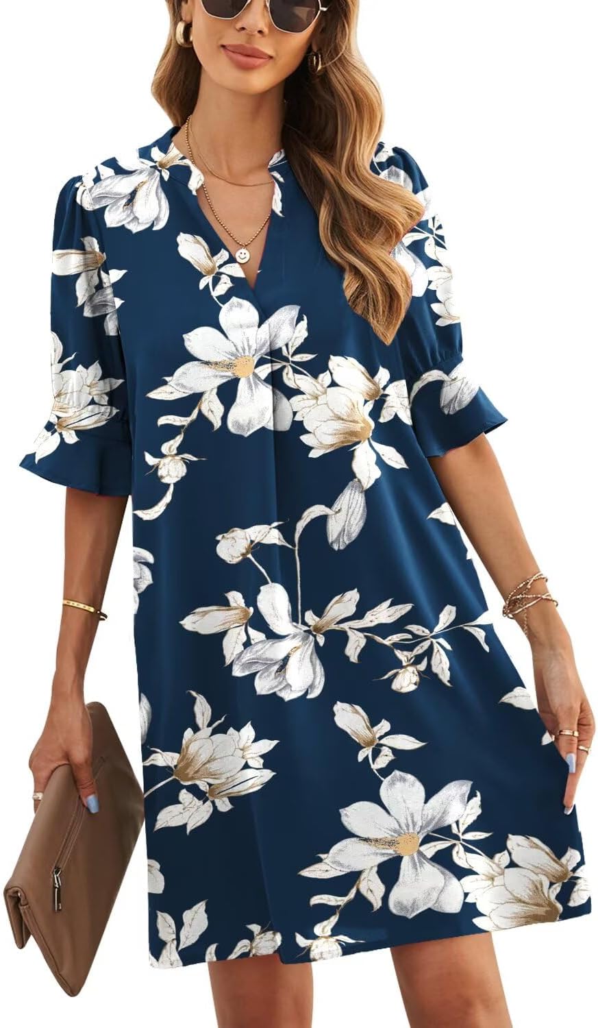 JOCAFIYE Womens Dresses V-Neck Ruffled Short Sleeve Casual Dress