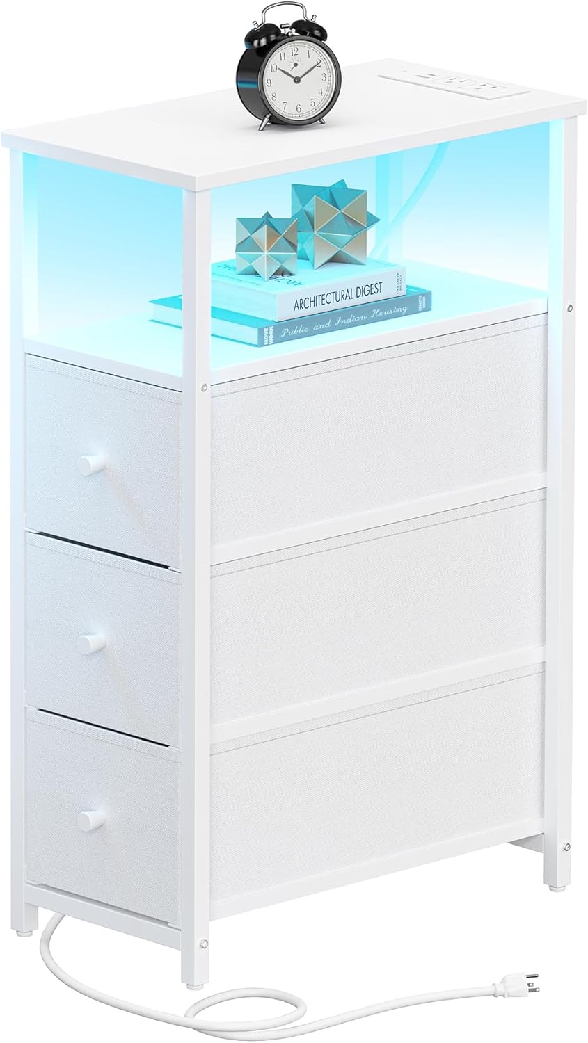 Narrow LED Night Stand with Charging Station and Storage