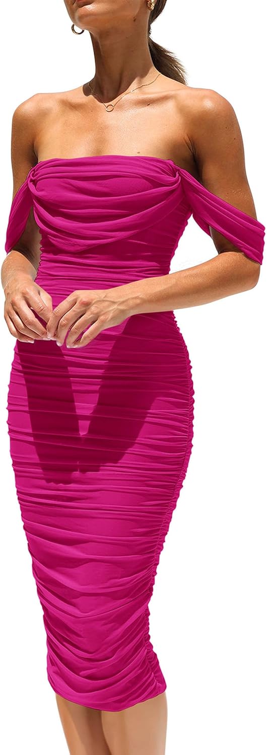Elegant Off Shoulder Ruched Midi Dress for Summer Events