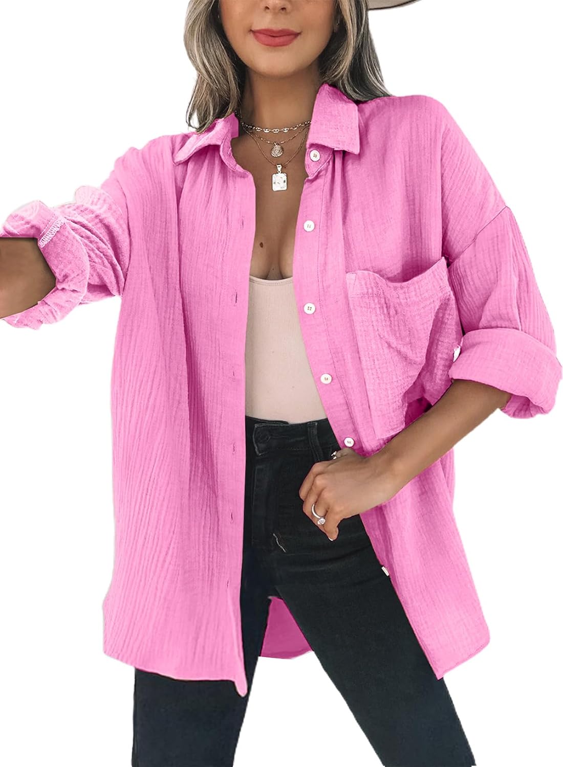 Dokotoo Womens Color Block Button Down Oversized Blouses