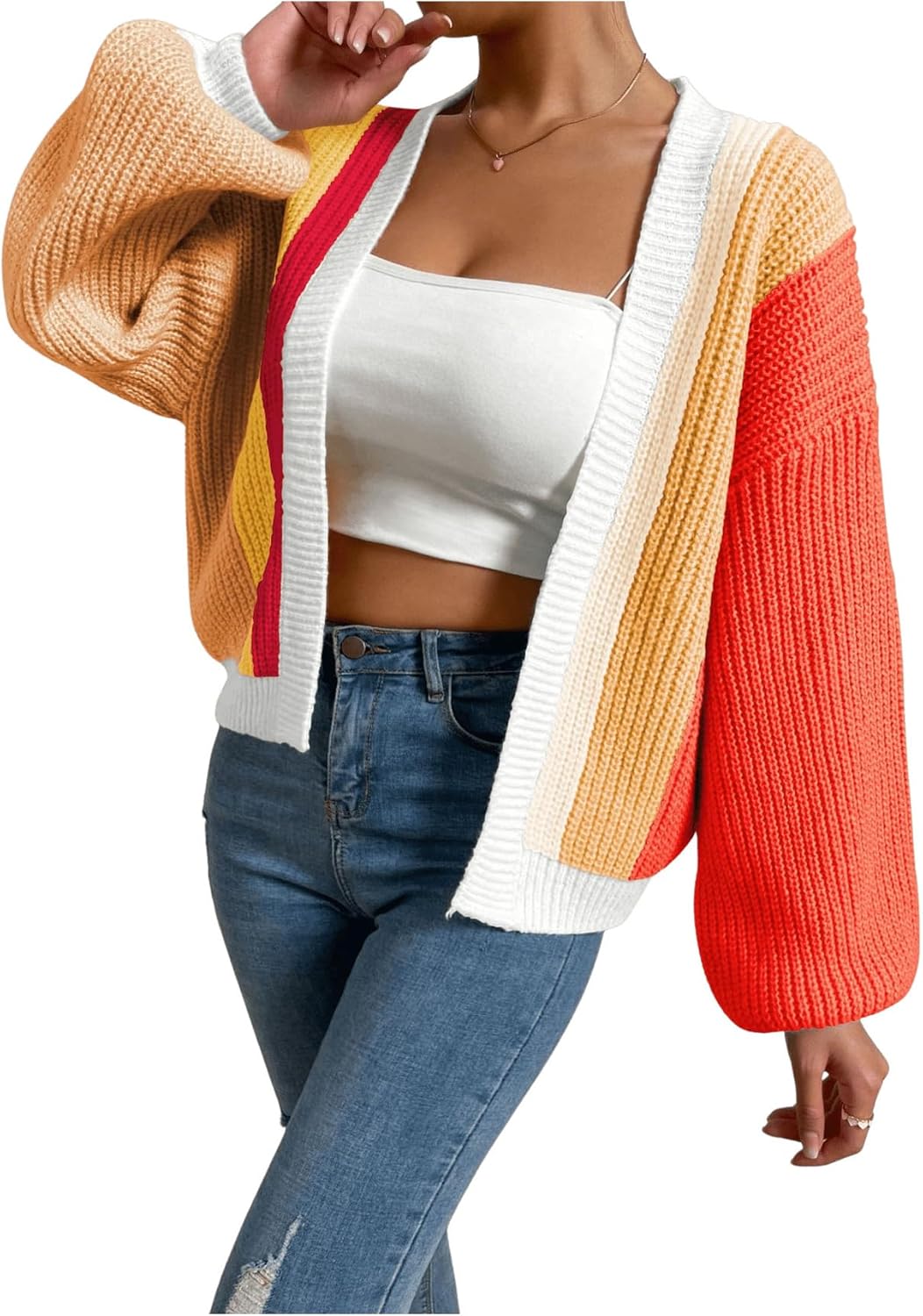 SHENHE Women's Color Block Open Front Long Sleeve Cardigan