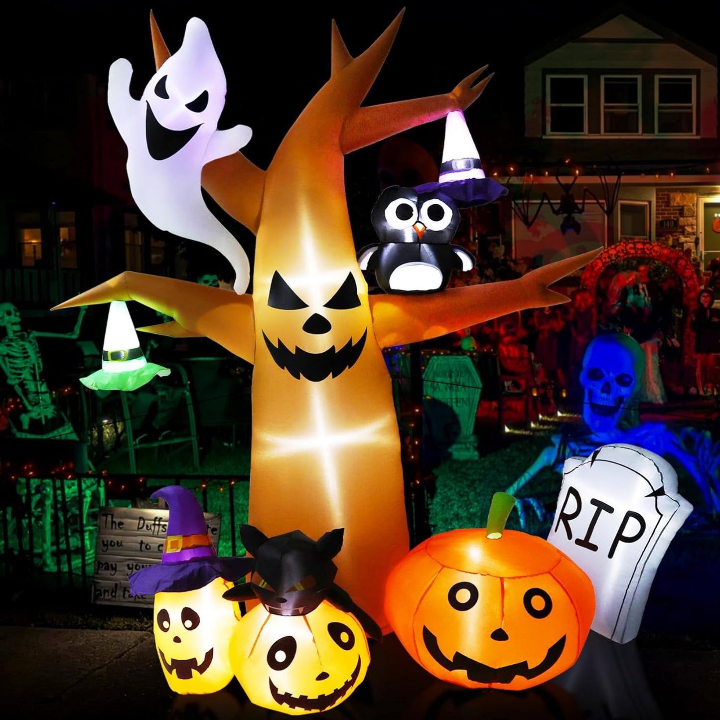 8 FT Tall Halloween Inflatable Scary Tree with Ghost and Pumpkin