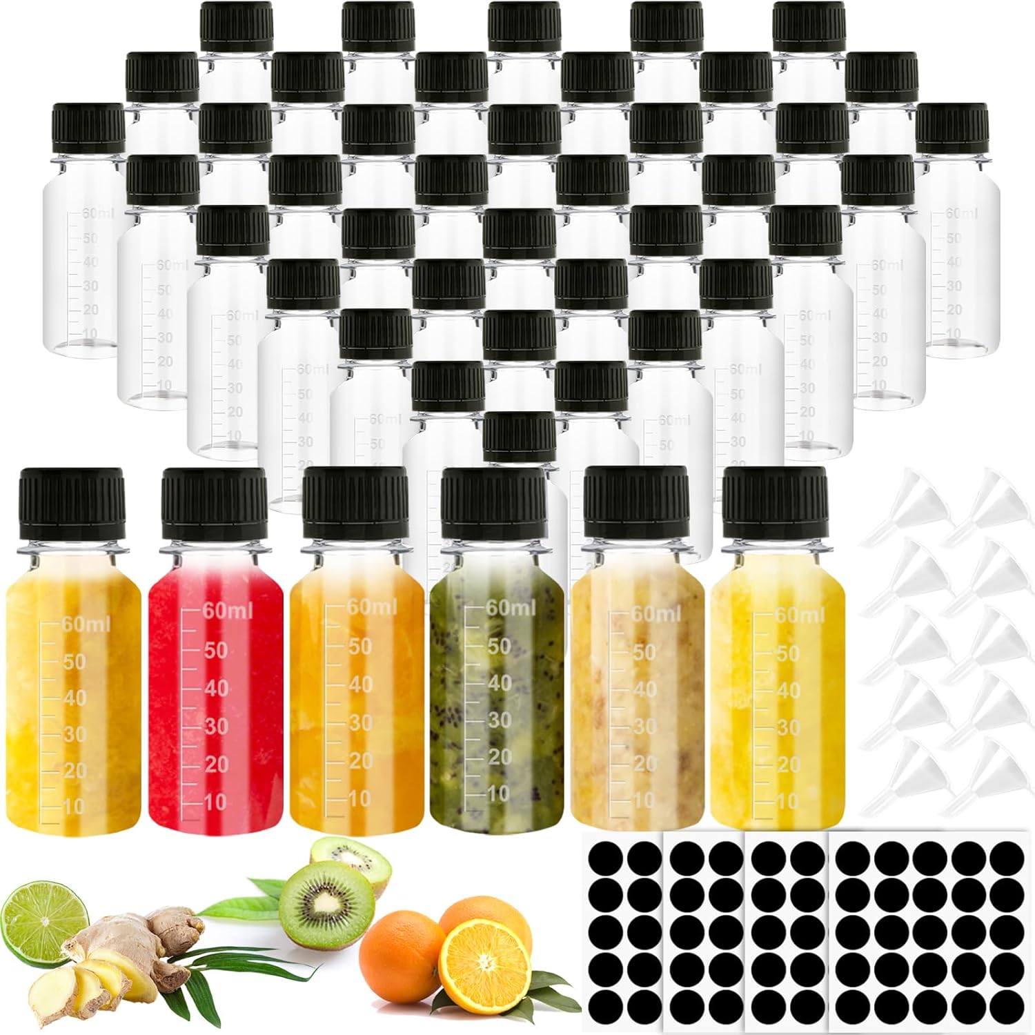 100 Pcs 2oz Plastic Shot Bottles with Caps for Juicing and More