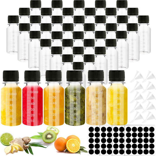 100 Pcs 2oz Plastic Shot Bottles with Caps for Juicing and More