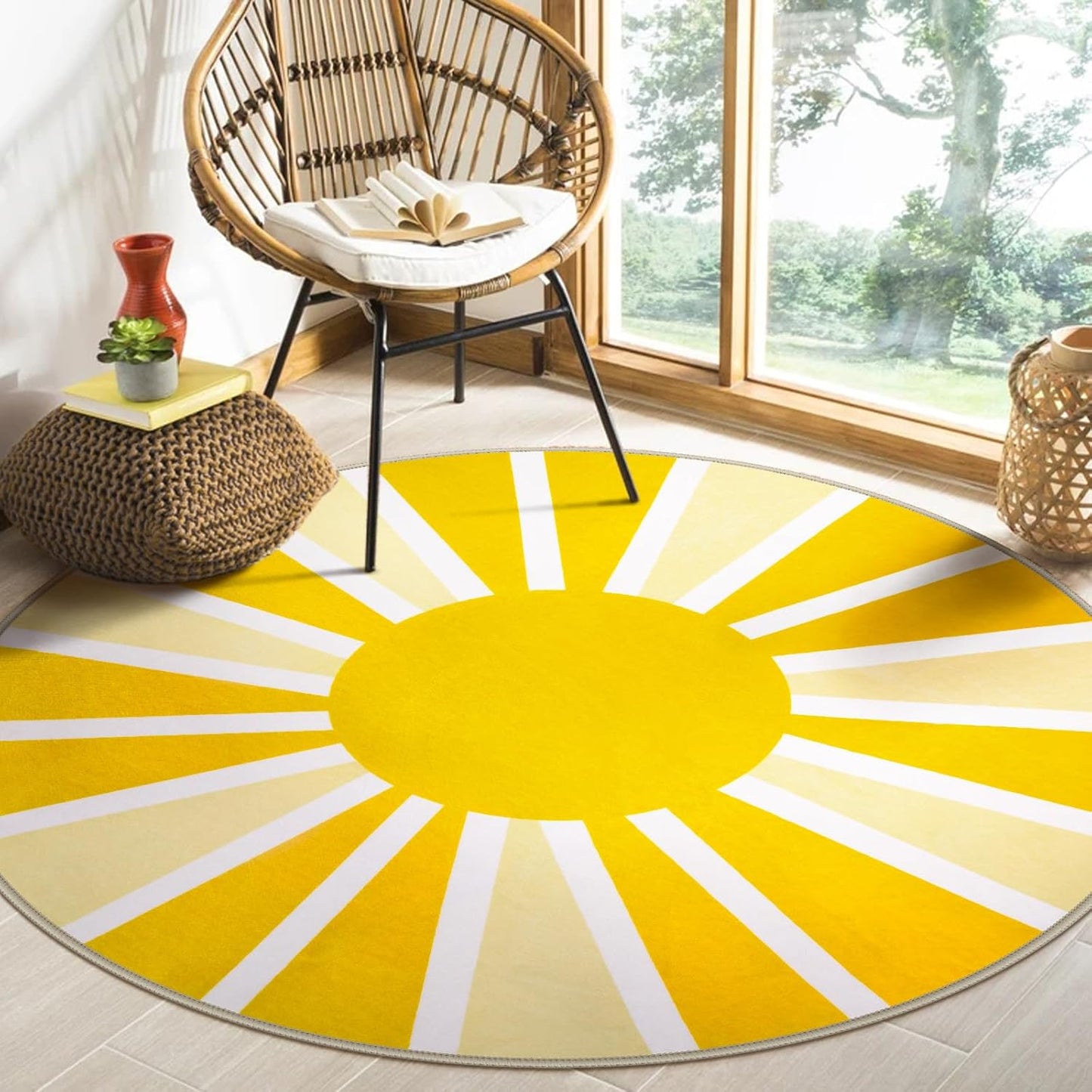 Lahome Yellow Rainbow Sun Round Rug: Soft, Washable & Non-Slip