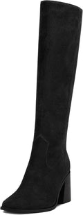 Knee High Boots for Women in Black Suede - 2.8in Chunky Heel