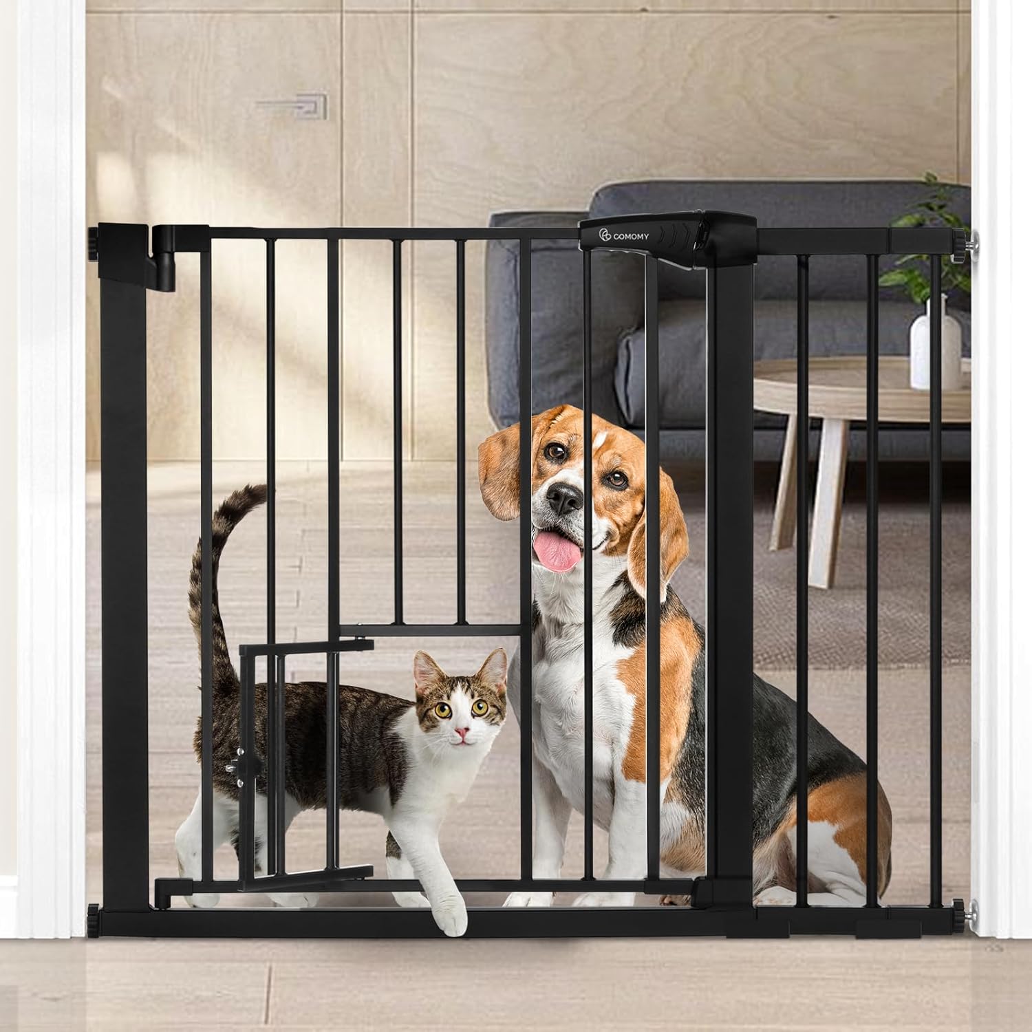 COMOMY Auto Close Baby Gate with Cat Door for Extra Wide Openings