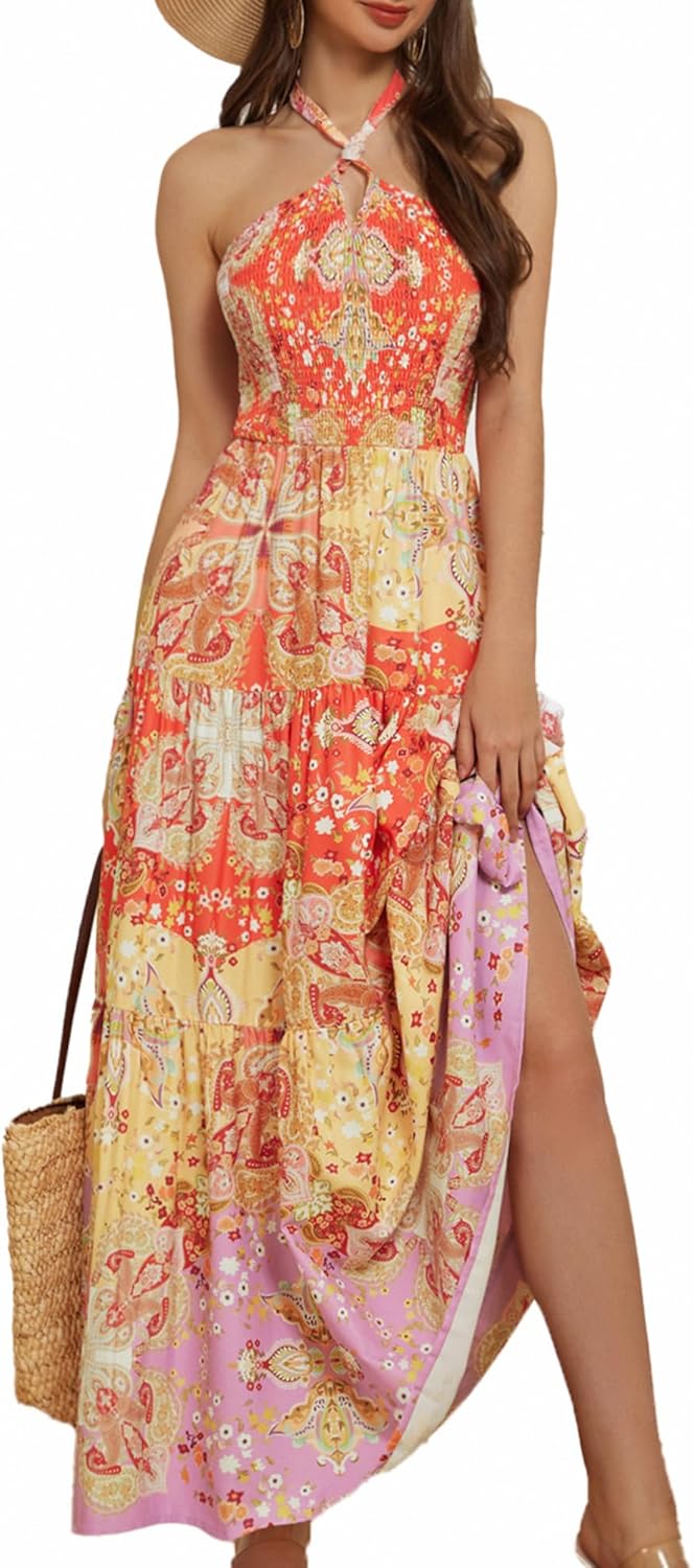 Stylish Halter Neck Backless Floral Maxi Dress for Summer Fun