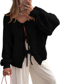 Tie Front Bow Cardigan Sweater - Chunky Knit Puff Sleeve 8-10