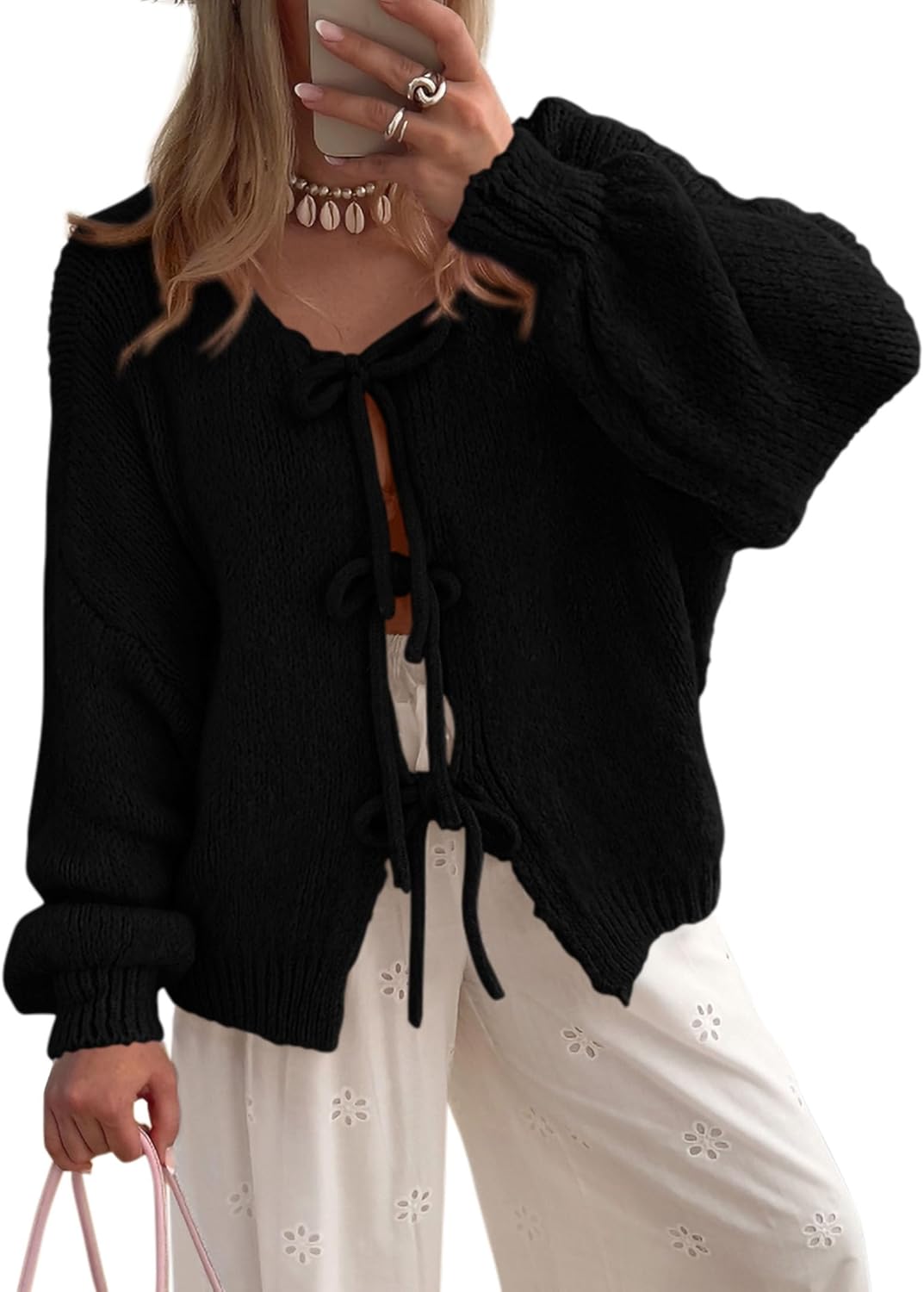 Trendy Women's Tie Front Bow Cardigan Sweaters for Fall