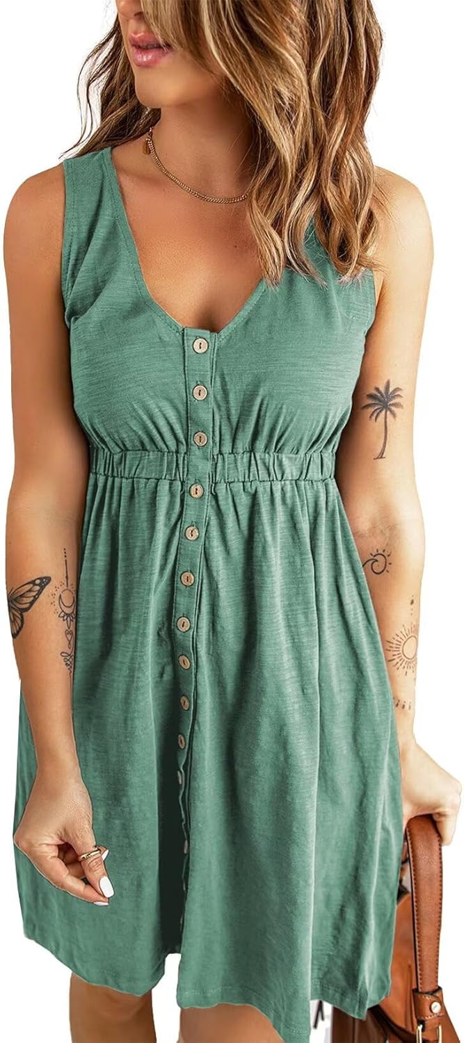 Acelitt Women Summer Casual Sleeveless Button Down Dresses