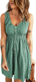 Women Summer Sleeveless Button Down Elastic Waist Dress - Knee Length