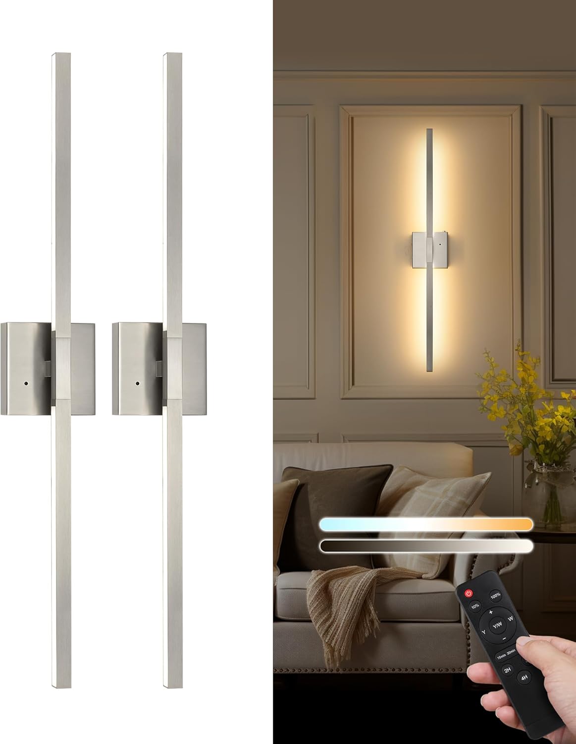 Rechargeable Battery Operated Wall Sconce Set of Two, 24 Inch
