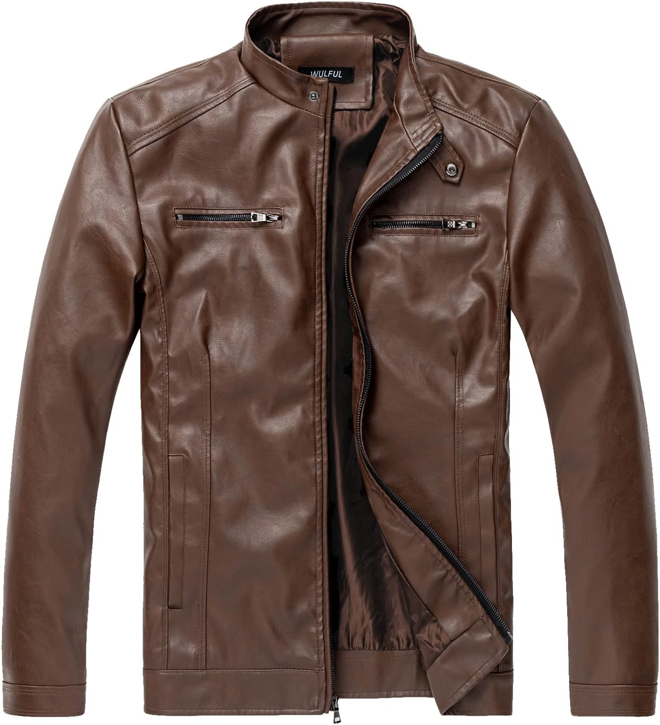 WULFUL Men's Stand Collar Leather Jacket for All Seasons