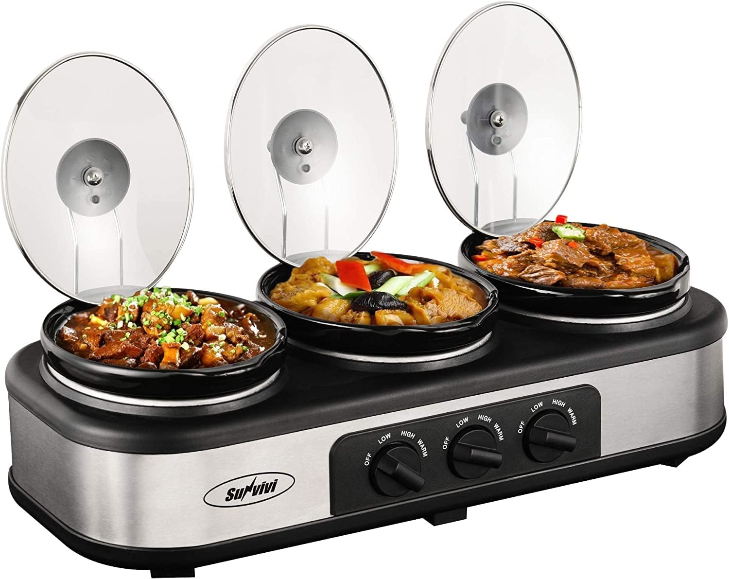 Sunvivi Slow Cooker Buffet Server with 3 Removable Crocks