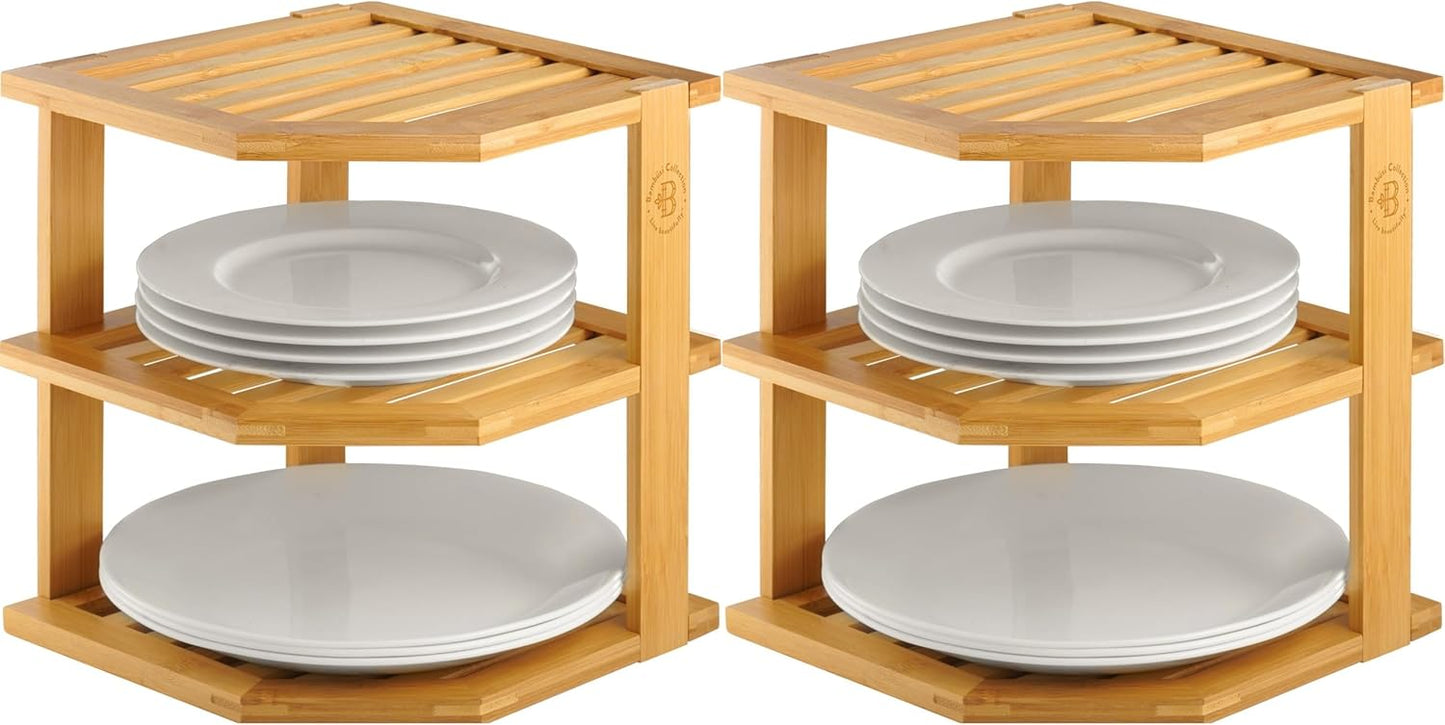 2-Pack Plate Organizer for Cabinet - Bamboo Corner Shelf Storage