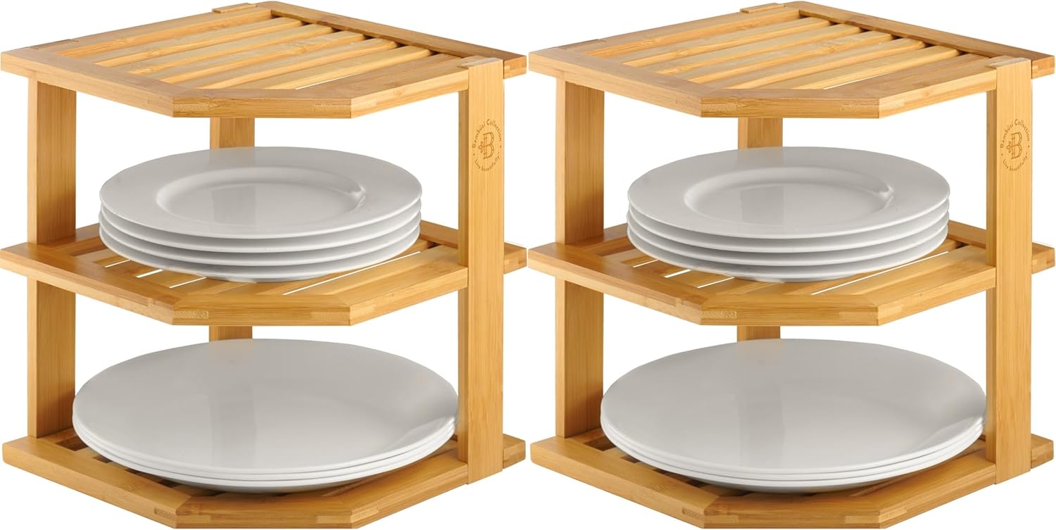 2-Pack Plate Organizer for Cabinet - Bamboo Corner Shelf Storage