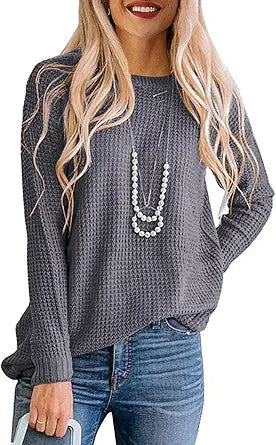 Waffle Knit Sweater for Women - Cozy Crew Neck Pullover Top