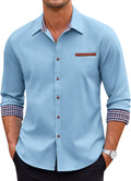 Men's Casual Dress Shirt Button Down Long-Sleeve Plaid Denim
