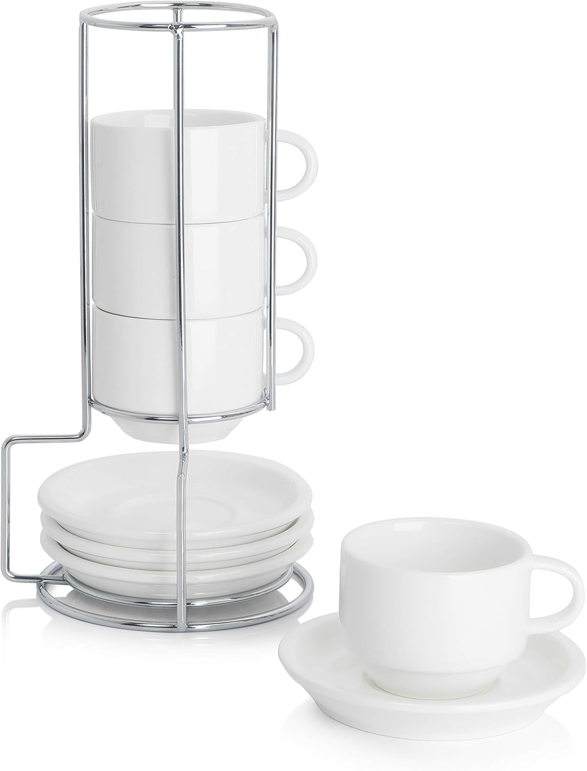 Sweese White Espresso Cups Set - Stackable with Metal Stand