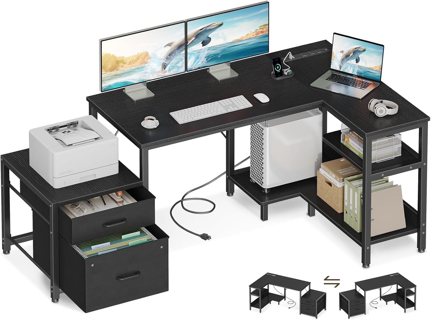 Casaottima L Shaped Desk with Drawers & File Cabinet for Home Office