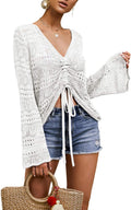 Boho Off Shoulder Sheer Crop Top with Bell Sleeves - Flowy Crochet