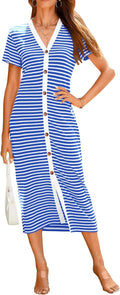 Women Casual Summer Striped Midi Dress - Comfortable Ribbed Knit Shoes