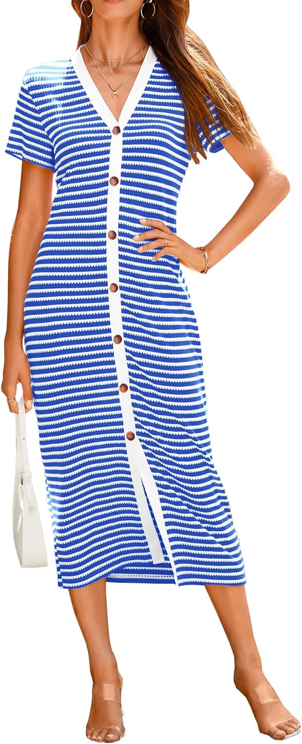 BTFBM Women Casual Summer Dresses Short Sleeve Striped Midi