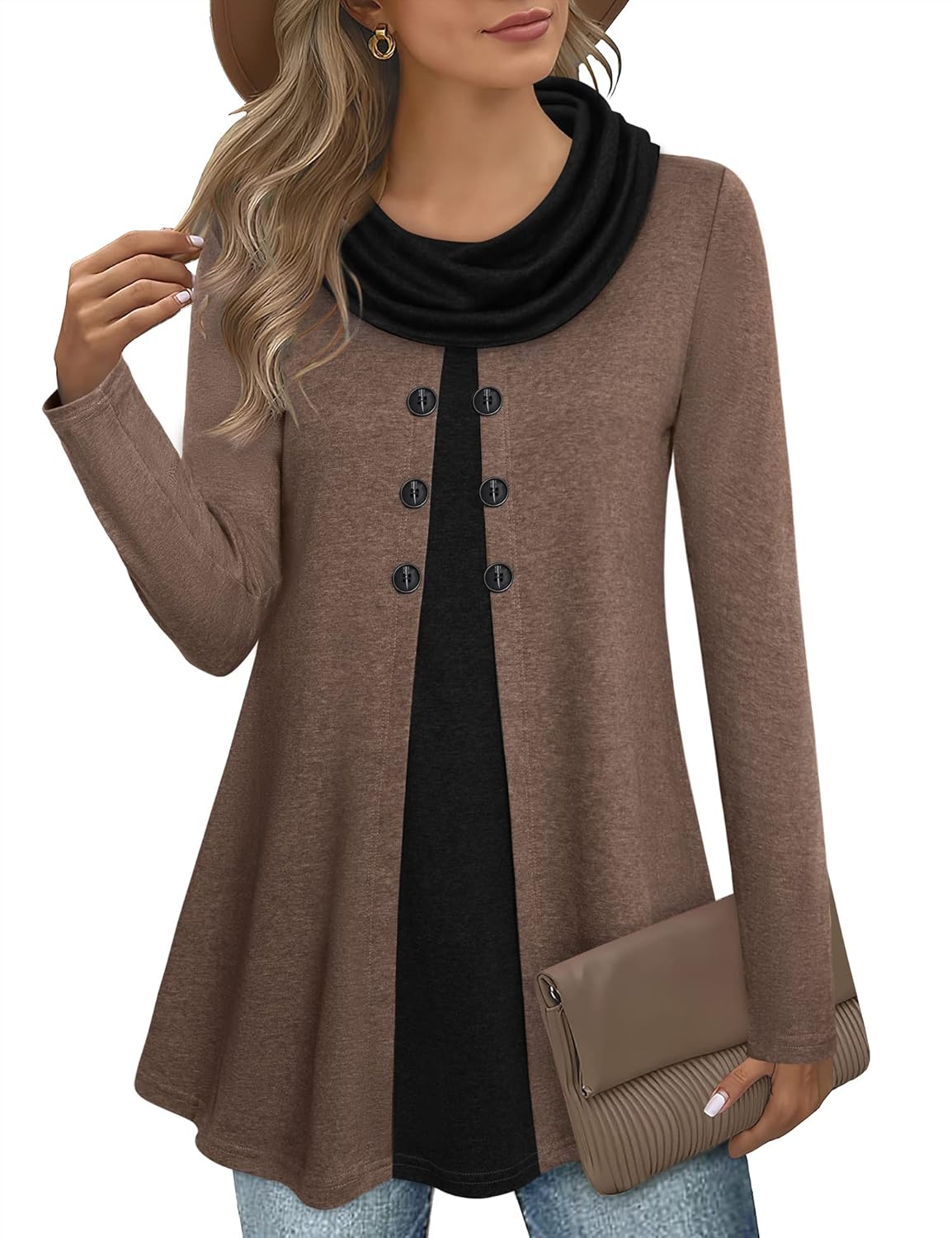 Bebonnie Womens Long Sleeve Cowl Neck Splicing Tunic Tops