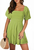 AlvaQ Womens Summer Puff Sleeve Elastic Square Neck Mini Romper - Cute