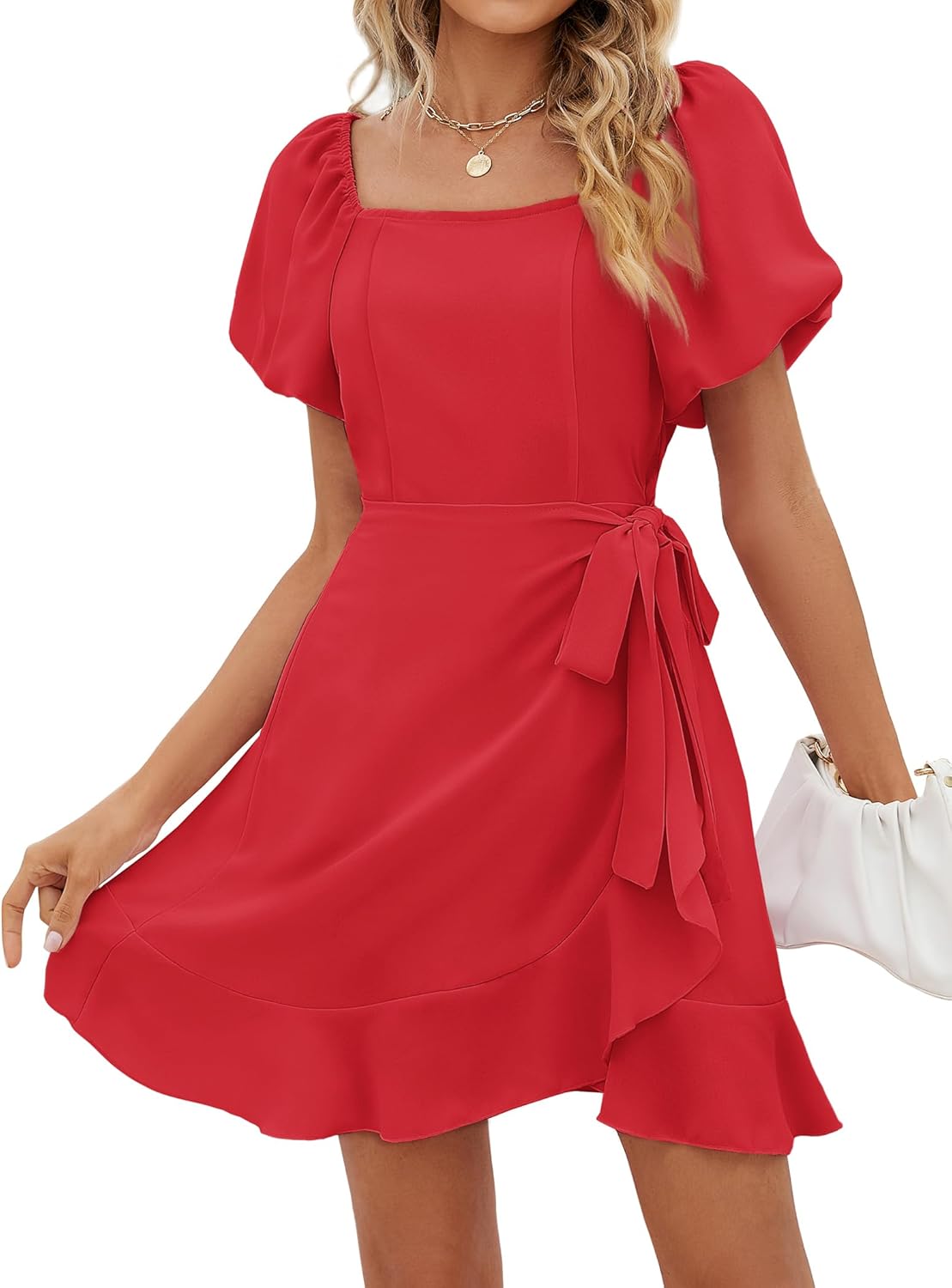 Stylish Womens Summer Dresses with Puff Sleeves and Tie Waist