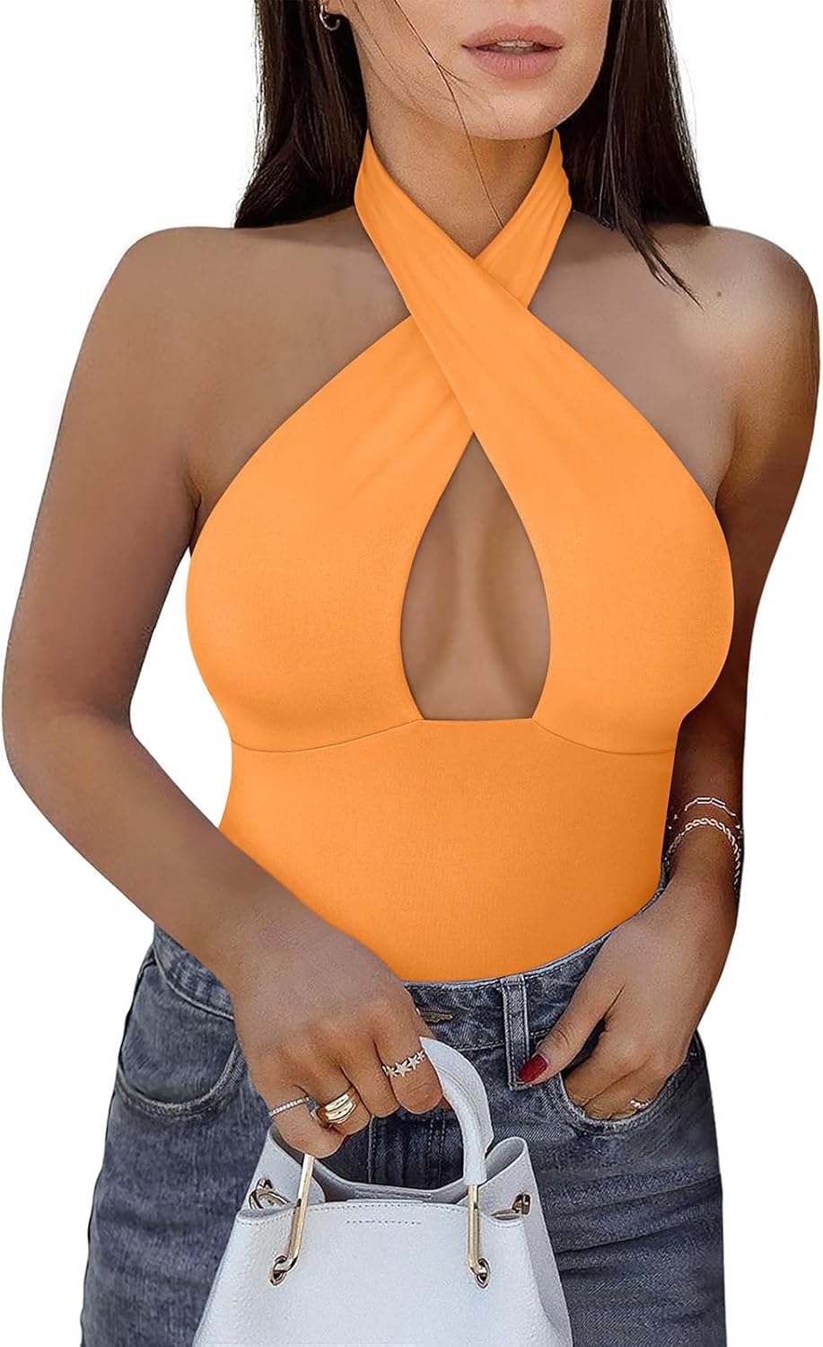 Trendy Sexy Casual V Neck Double Lined Sleeveless Bodysuit
