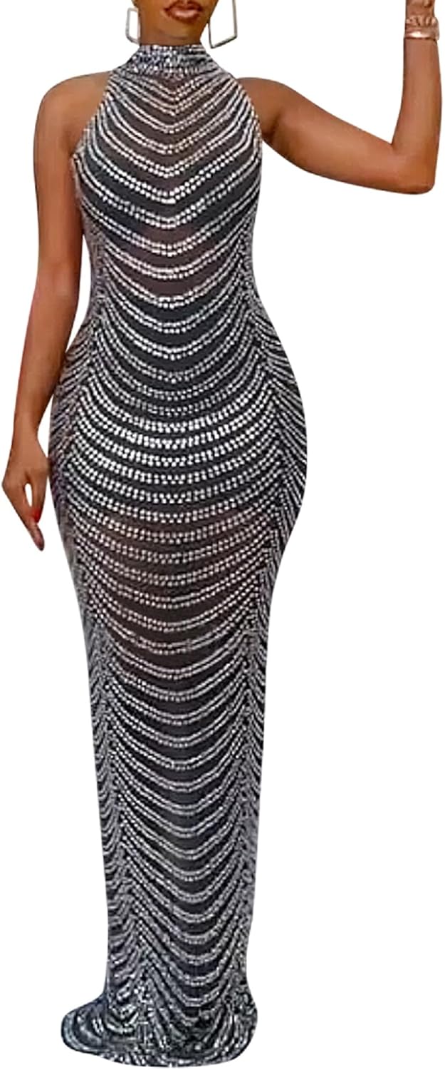 Elegant Rhinestone Mesh Bodycon Dress for Night Out Events