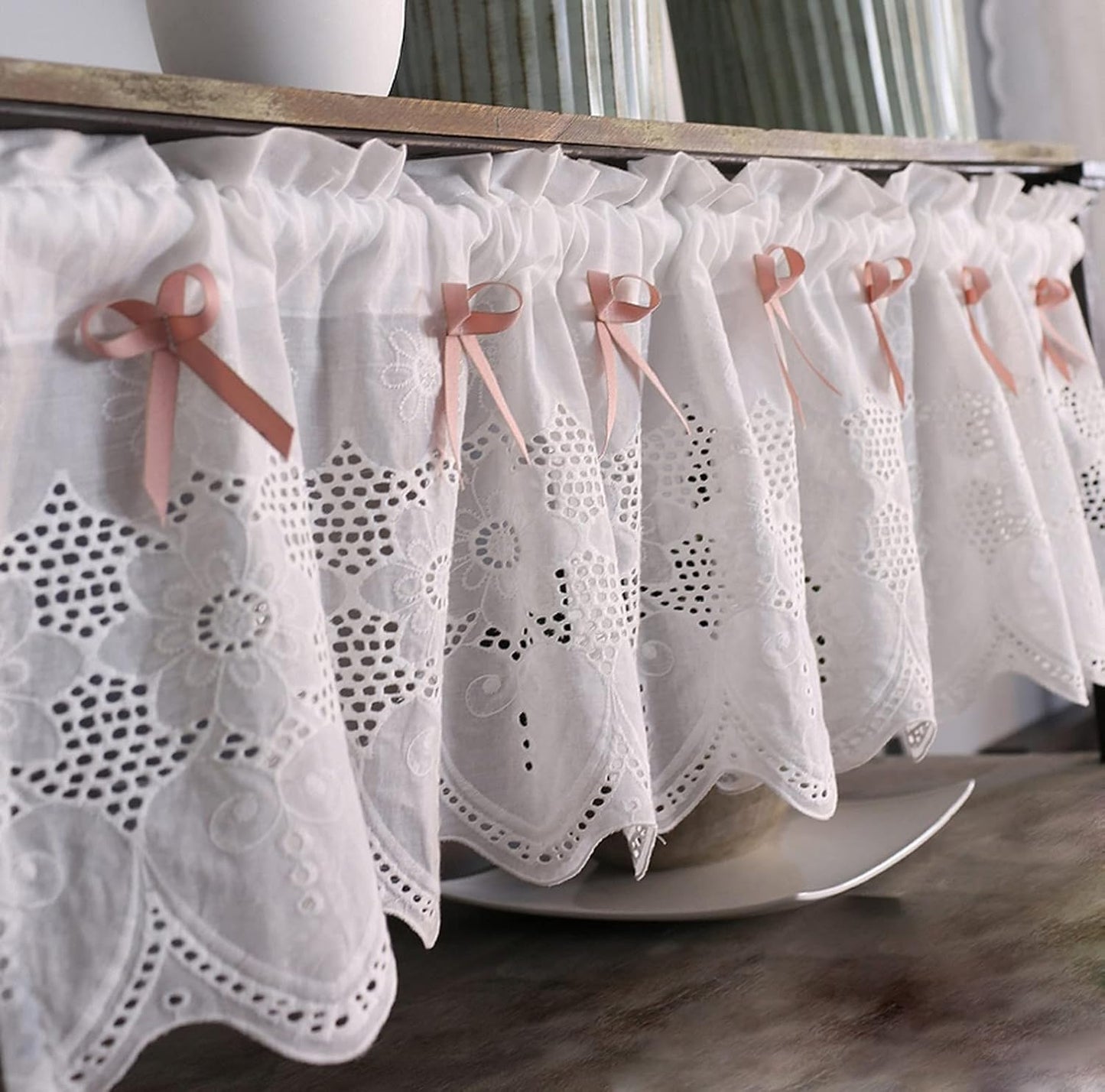 A.Monamour White Lace Kitchen Curtain - Chic Farmhouse Style
