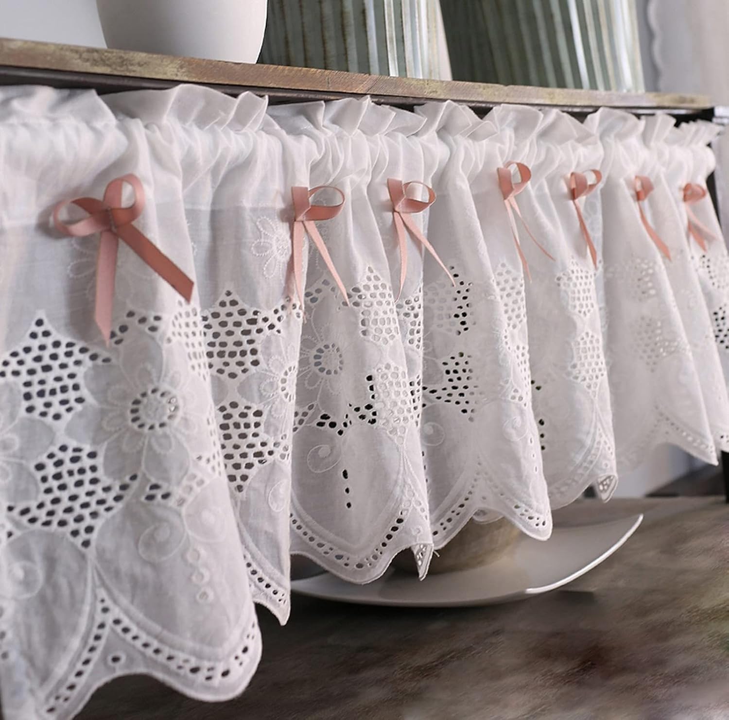 A.Monamour White Lace Kitchen Curtain - Chic Farmhouse Style