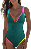 One Piece Tummy Control Swimsuit Neon Color Block - Slimming Fit high