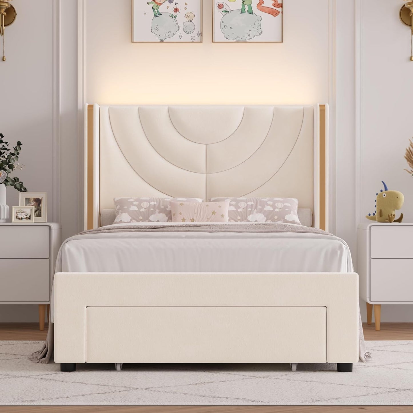 HITHOS Twin Upholstered LED Bed Frame with Storage Drawer