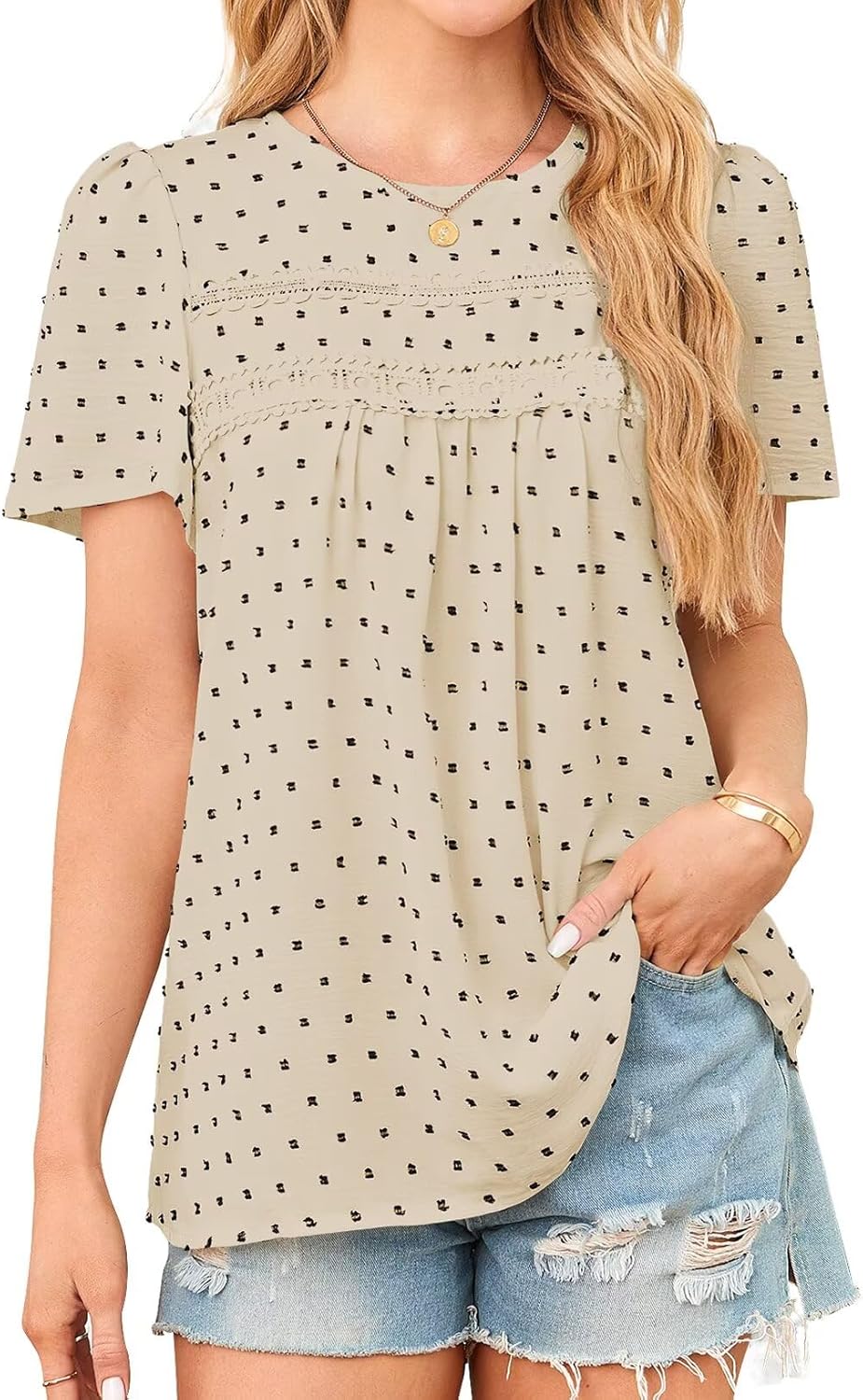 Womens Summer Tops Crewneck Short Sleeve Casual Chiffon Blouses