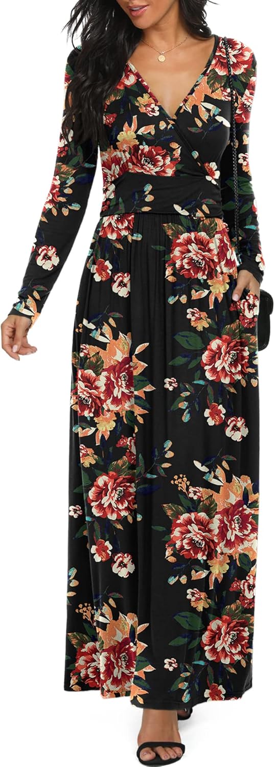 LILBETTER Women Long Sleeve Deep V Neck Maxi Casual Dress