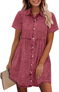 Denim Shirt Dress Babydoll Tiered Short Sleeve Button Down