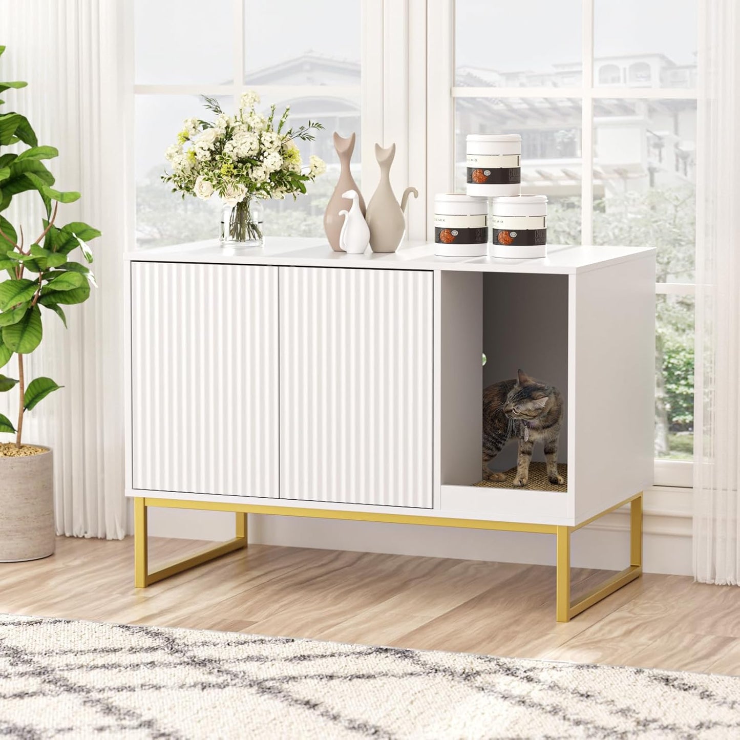 Cat Litter Box Enclosure with Elegant Flute Design for Cats