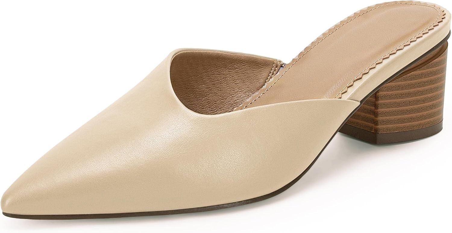Coutgo Womens Pointed Toe V Cut Mules with Chunky Block Heels