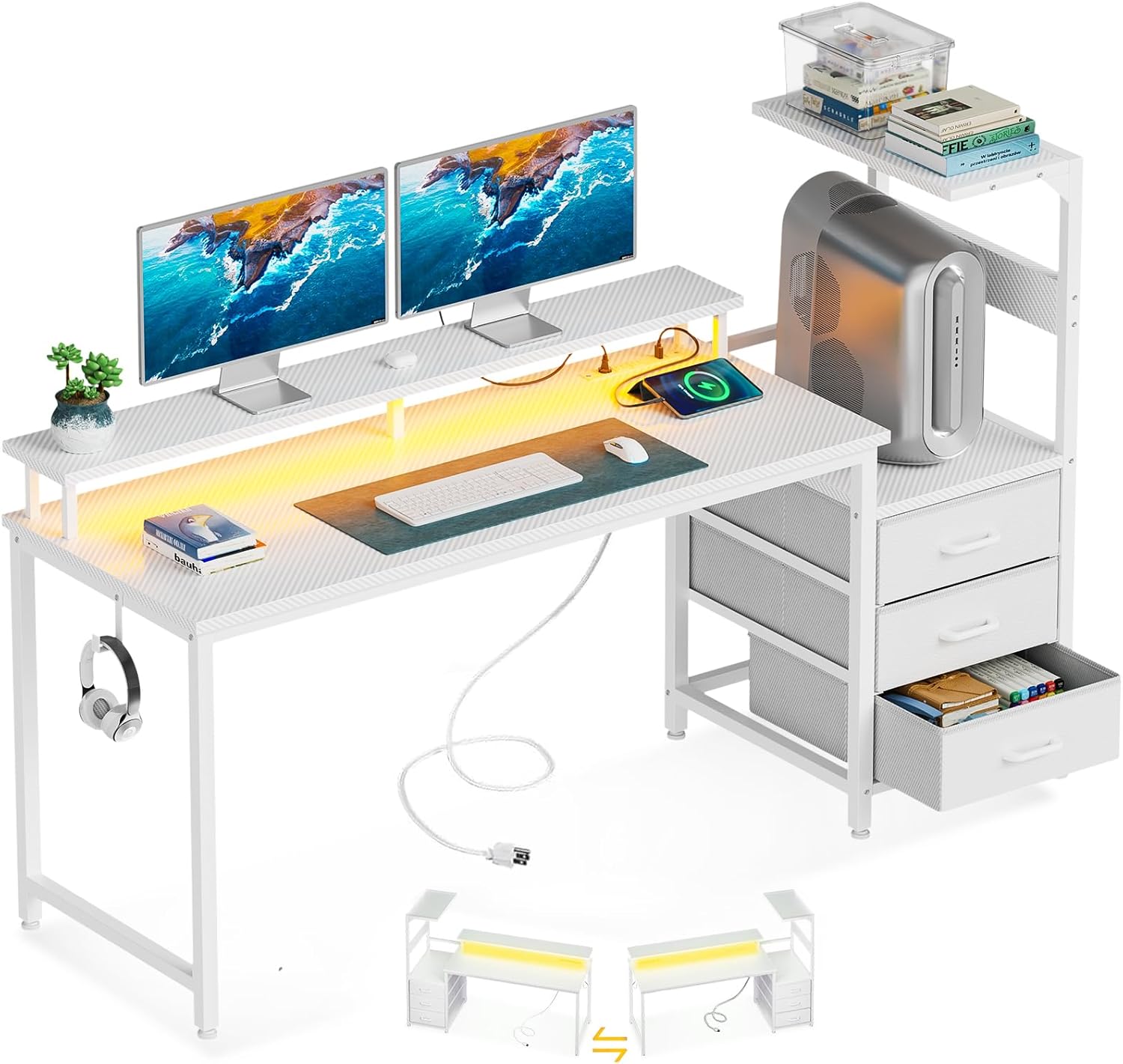 AODK 59 Inch Gaming Desk with USB Ports & LED Light Features