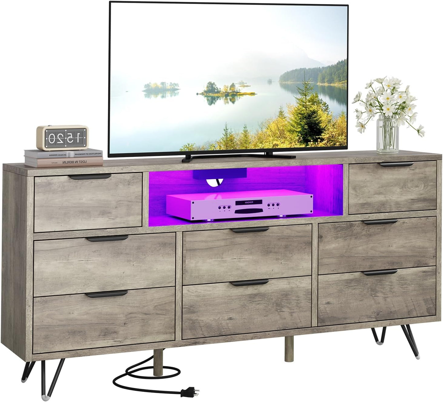 LED TV Cabinet: 8 Drawers, Power Outlets, Metal Frame, Wood Top - Takywep