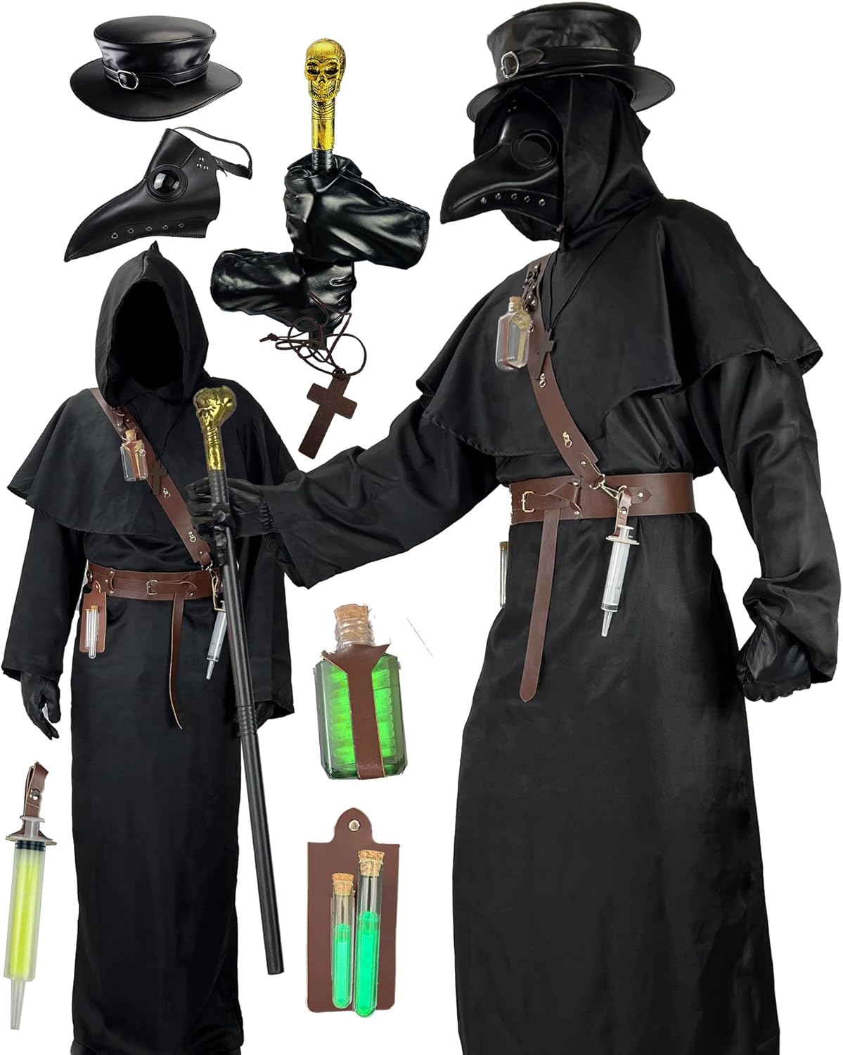 Plague Doctor Costume Set with Mask, Hat, Robe, and Cane