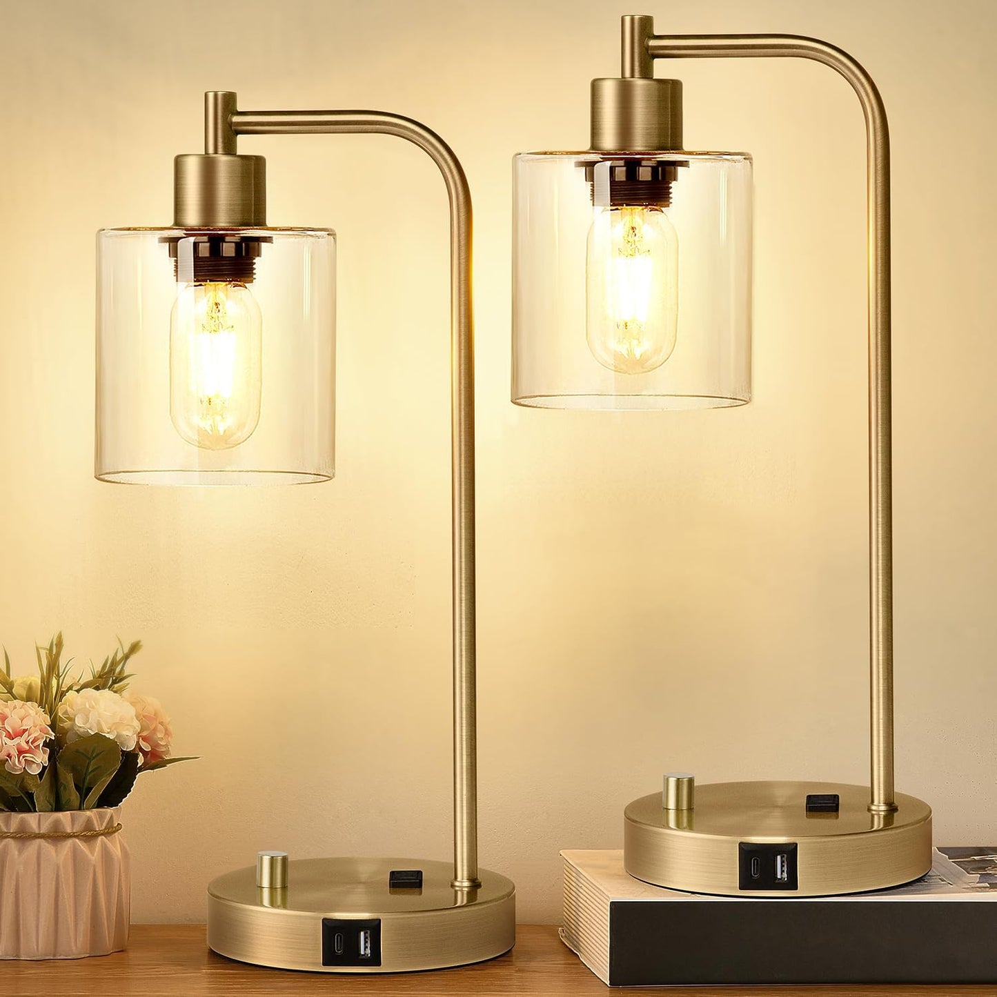 Set of 2 Industrial Table Lamps with USB Ports and Dimming
