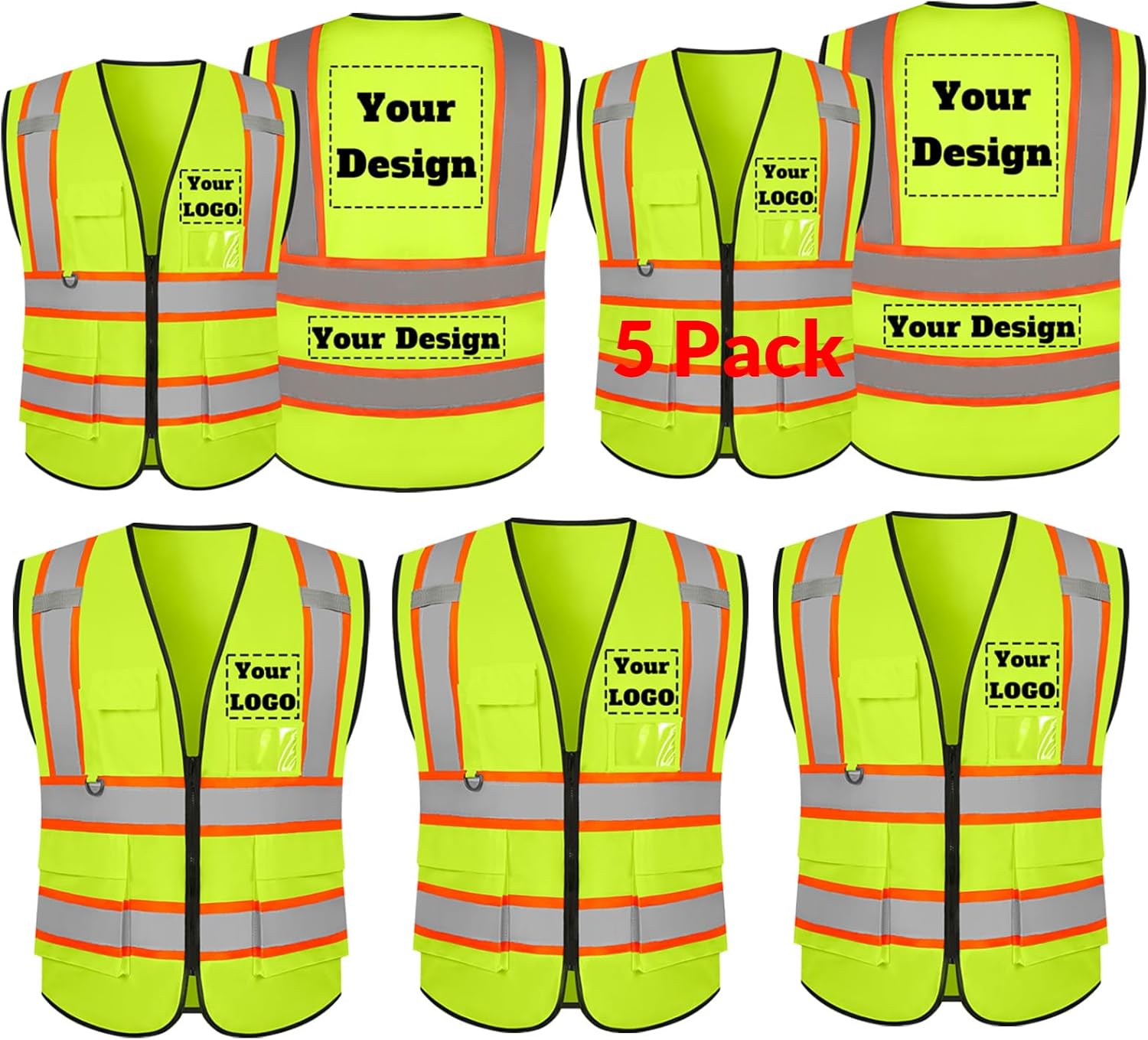 Custom Safety Vest with 5 Pockets & Zipper for High Visibility