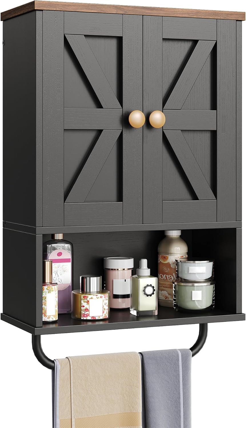 Bathroom Wall Cabinet with Open Partition and Towel Bar Storage